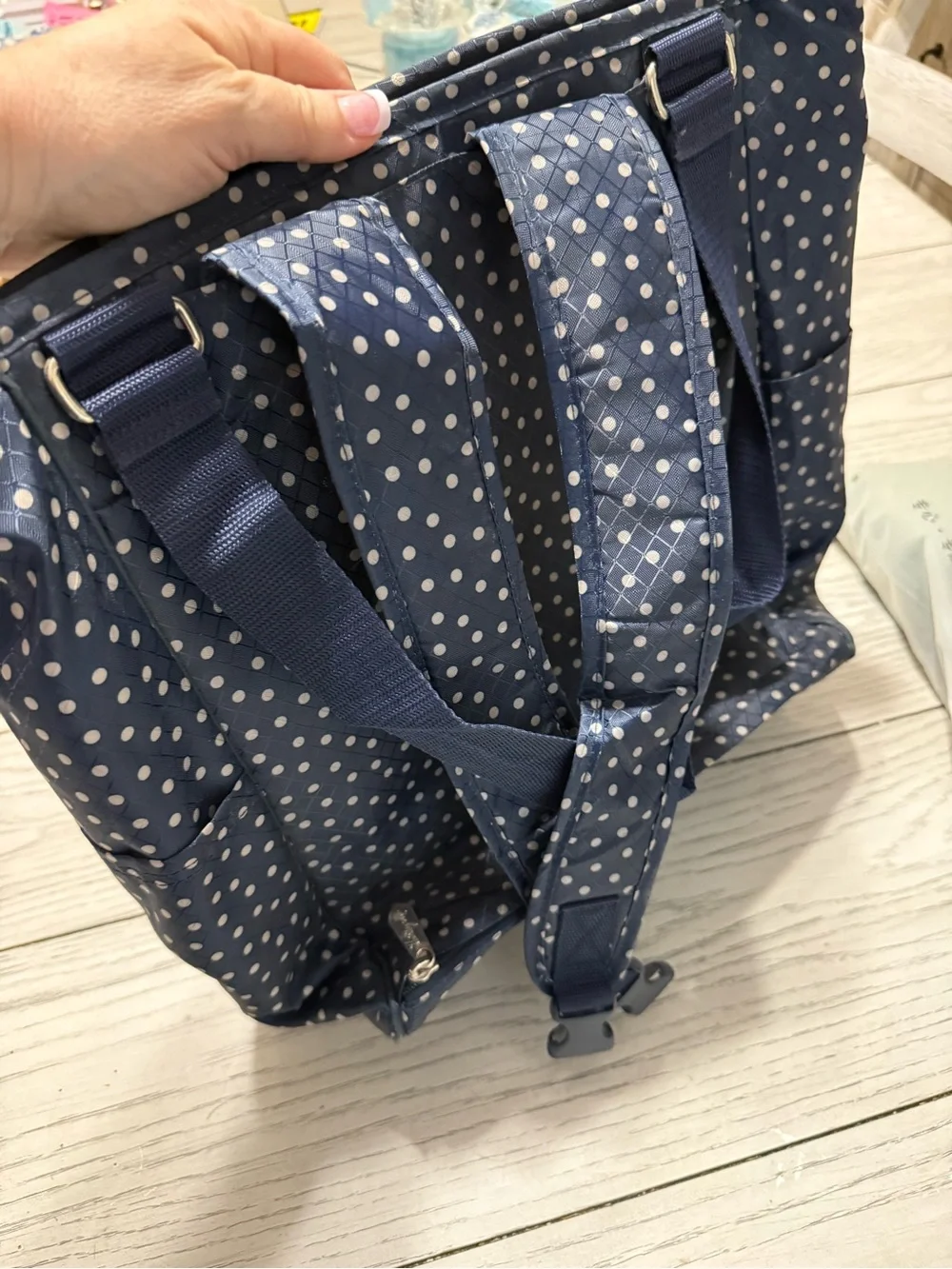 Thirty-One Navy Polka Dot Backpack/Tote Bag - Stylish Everyday Carry